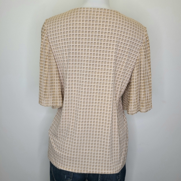 Calvin Klein Beige Checkered Square Print Accordion Pleated Sleeve Top Medium - Picture 7 of 12